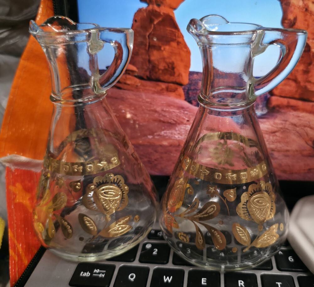 Vintage MCM Culver Glass Chantilly Oil & Vinegar Cruet Set Gold Floral